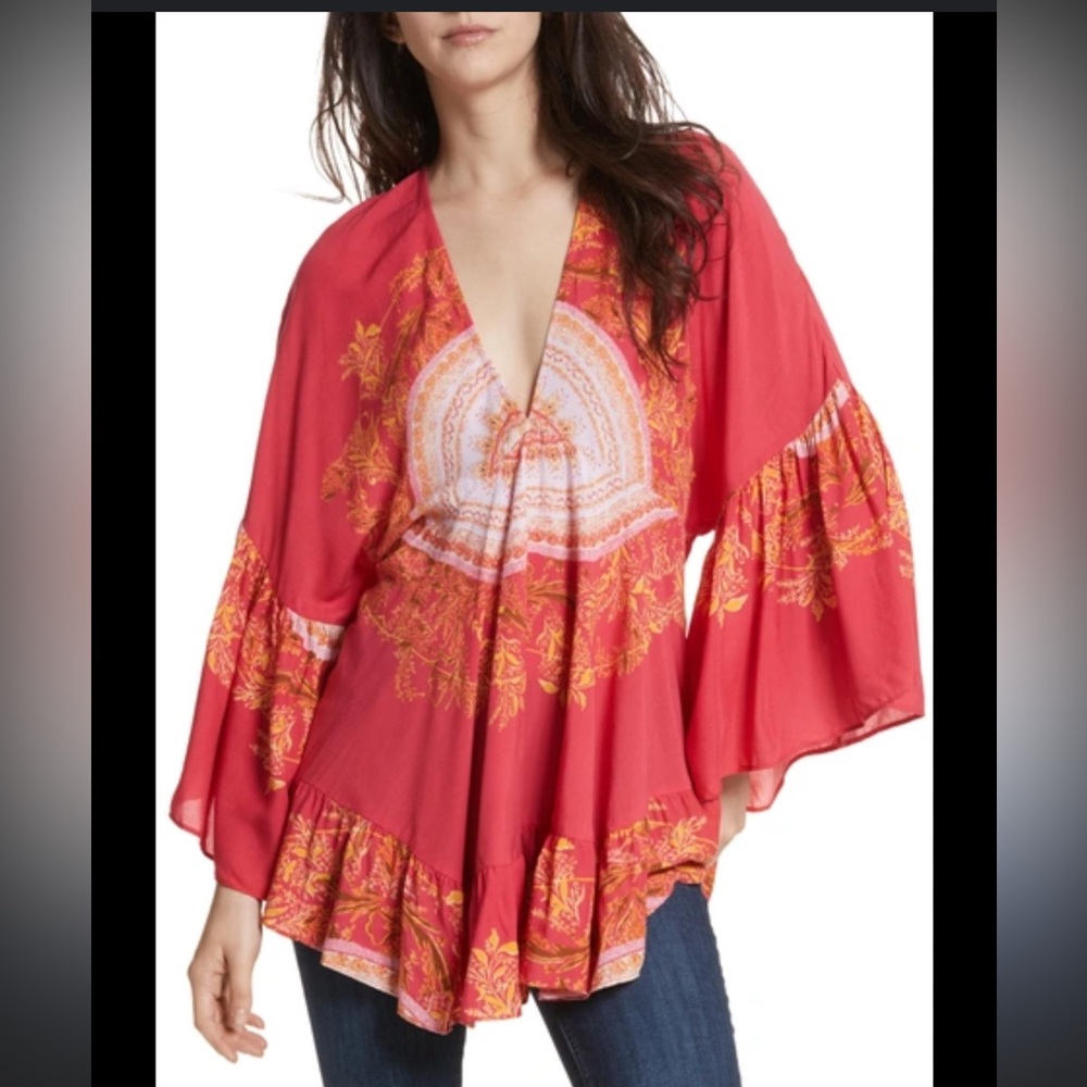 Free people sunset dreams flowy  top pink gold ruffle small bell sleeve